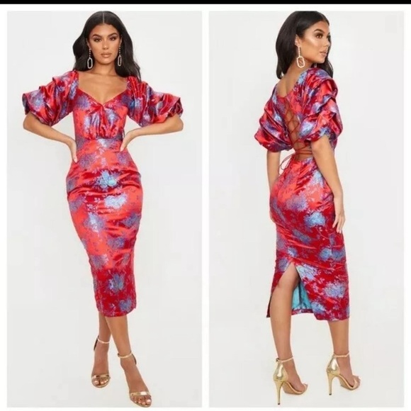 NWT Pretty Little Thing Red Floral Jaquard Lace Up Back Midi Dress Size 10 - Picture 3 of 3
